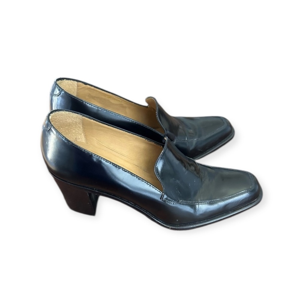 Franco Sarto Y2K Black Leather Block Heeled Loafers Size 7.5
